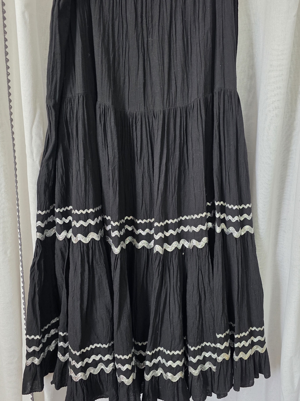 VTG Anna Konya Black Cotton Gauze Tiered Maxi Skirt Silver Ric Rac Trim Boho OS